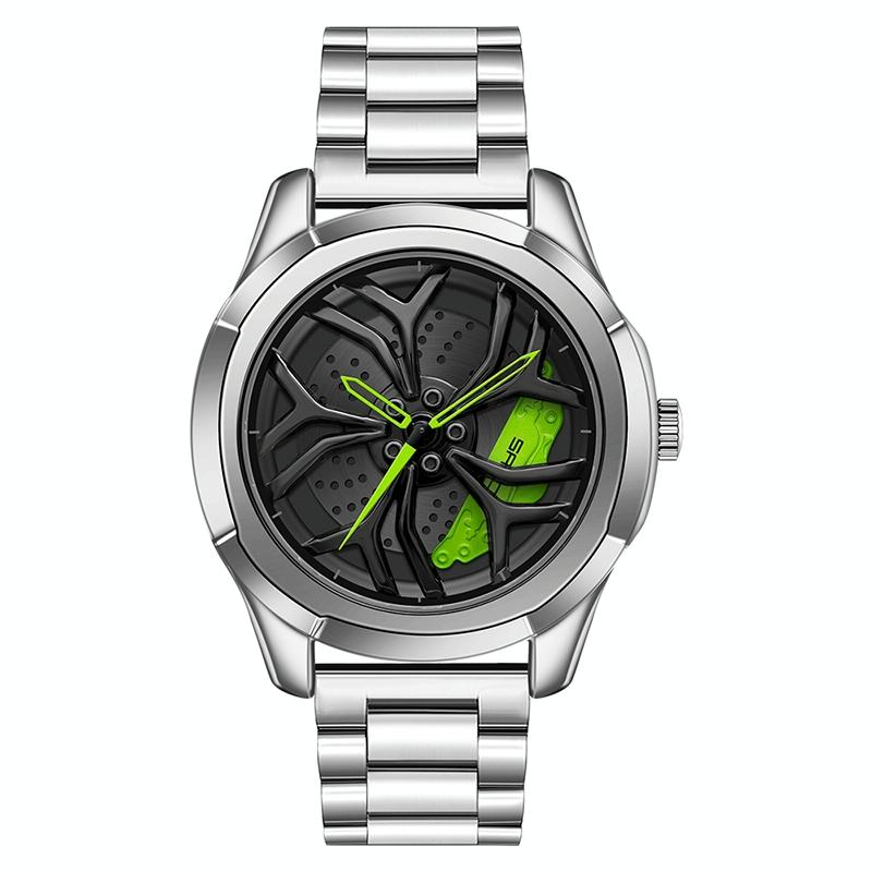 Men Steel Belt Quartz Watch with 3d Hollow out Wheel Design - Silver Green