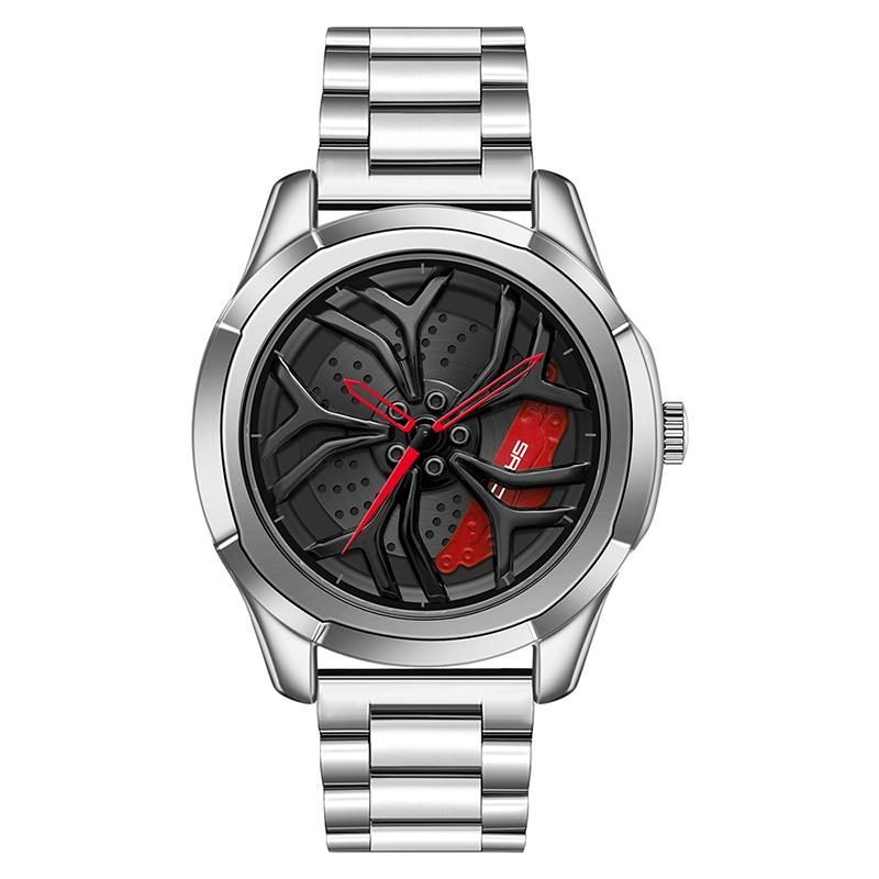 Men Steel Belt Quartz Watch with 3d Hollow out Wheel Design - Silver Green