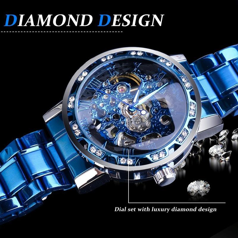 Men Skeleton Diamond Mechanical Watch - Luminous Pointer - Silver Belt Silver Shell Blue Face 3