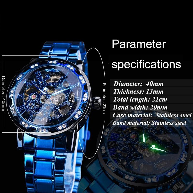 Men Skeleton Diamond Mechanical Watch - Luminous Pointer - Silver Belt Silver Shell Blue Face 7