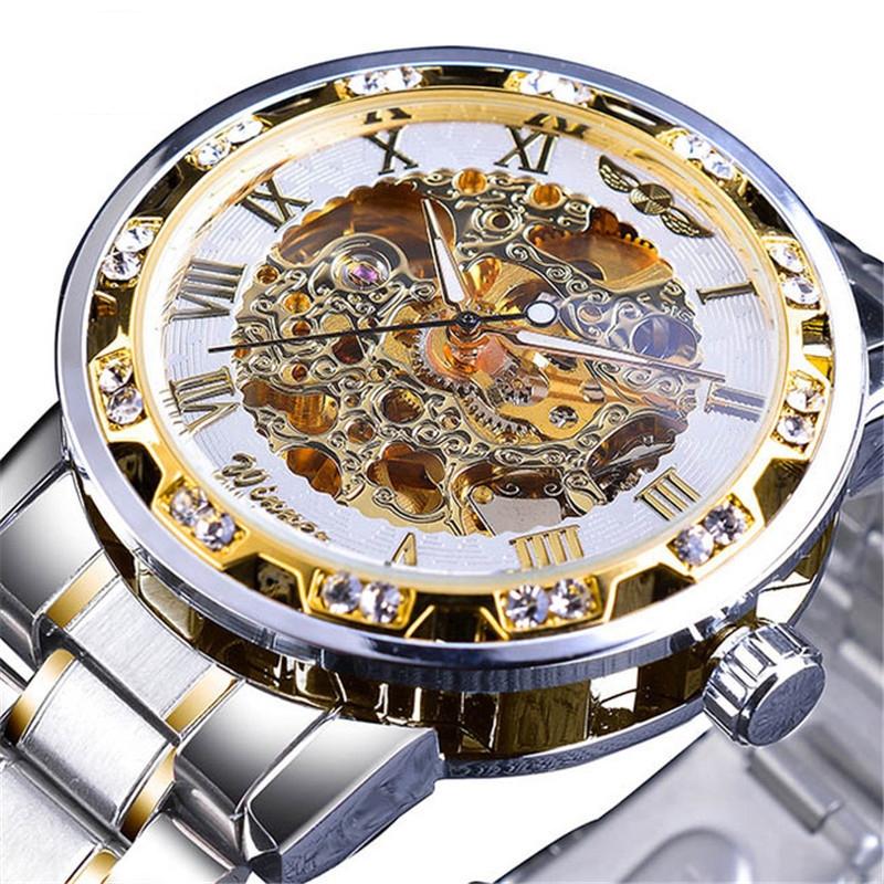 Men Skeleton Diamond Mechanical Watch - Luminous Pointer - Silver Belt Silver Shell Blue Face 9