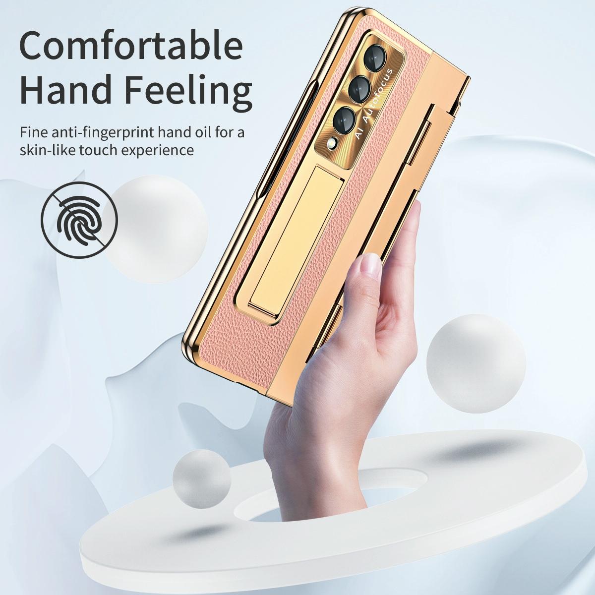 For Samsung Galaxy z Fold4 5G Full Coverage Phone Case with Hinge - Integrated Design - Gold + Pink 12