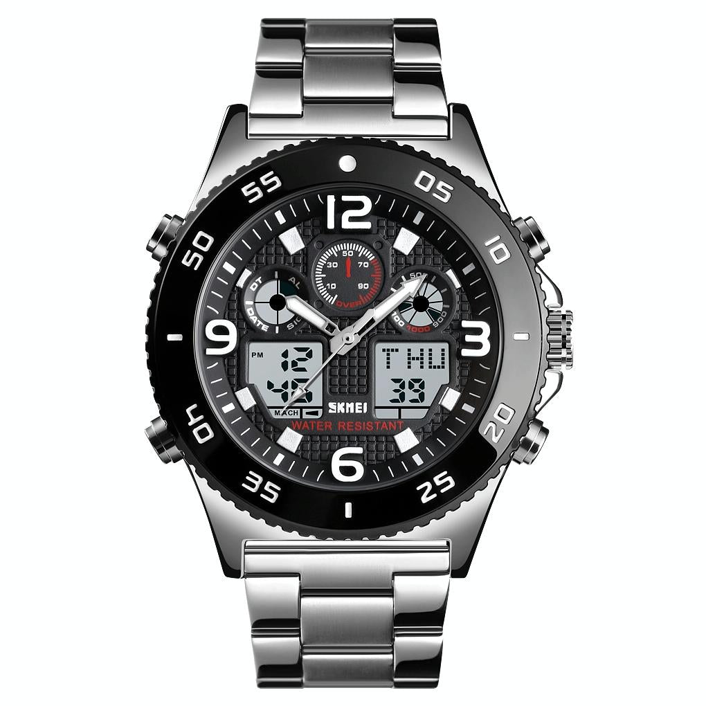 Men Casual Sports Watch with Large Dial and Steel Band - Black-Steel Belt 15