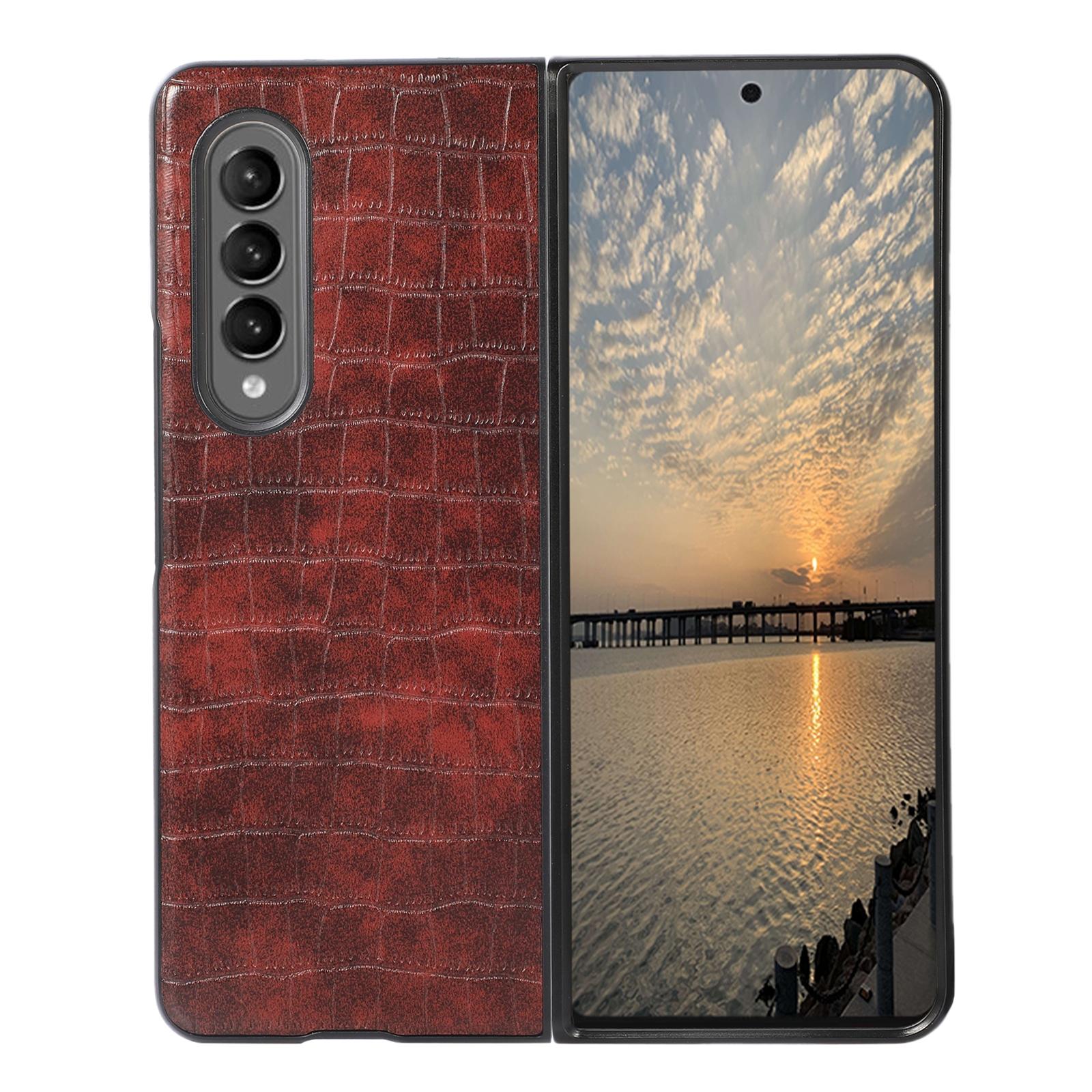 For Samsung Galaxy Z Fold4 5G Foldable Crocodile Texture Phone Case - Pu Leather - Dark Brown