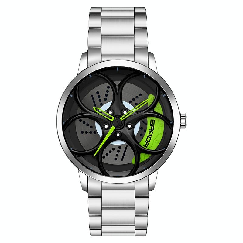 Men Steel Belt Quartz Watch with 3d Oval Hollow out Wheel - Silver Green
