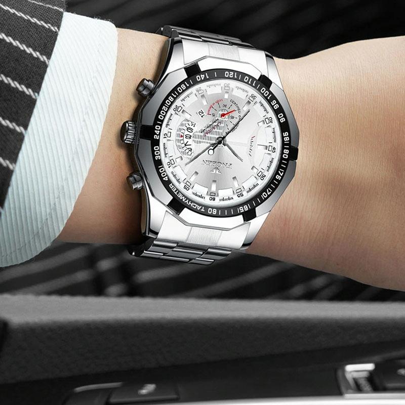 Waterproof Men Calendar Watch - White Steel Black Surface 7