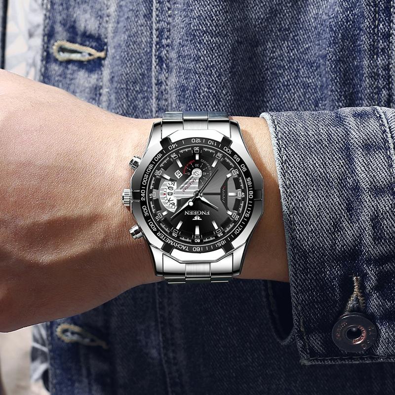 Waterproof Men Calendar Watch - White Steel Black Surface 8