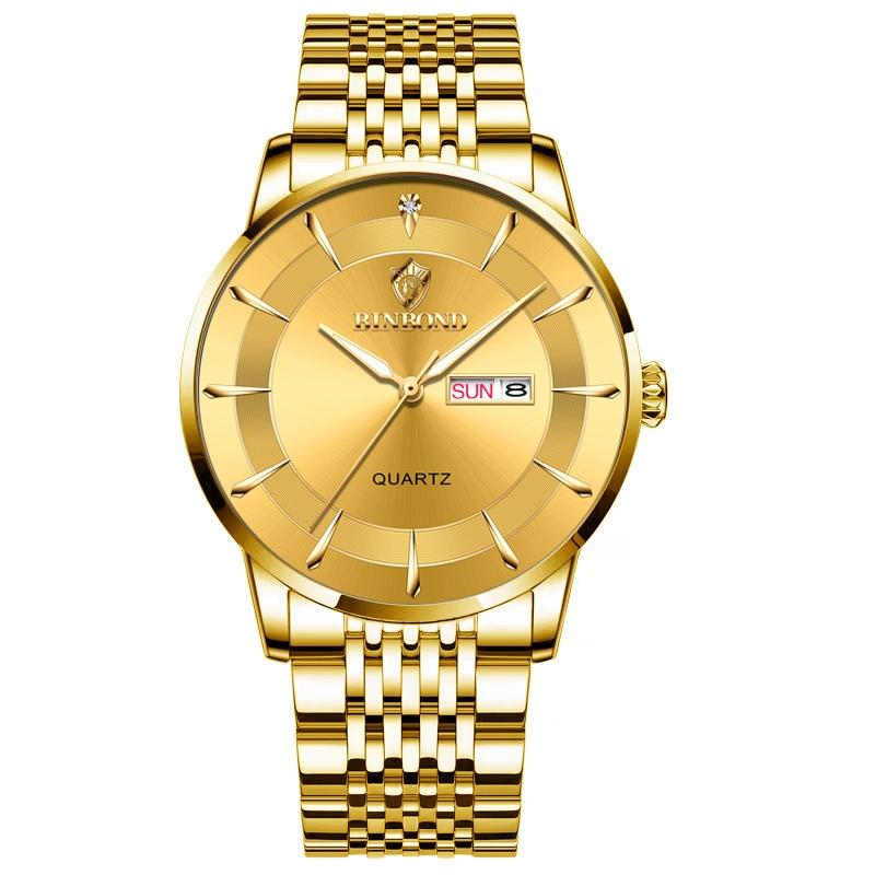 Waterproof Quartz Men Watch with Luminous Butterfly Buckle and Steel Belt - 30m - Full-Gold-Gold