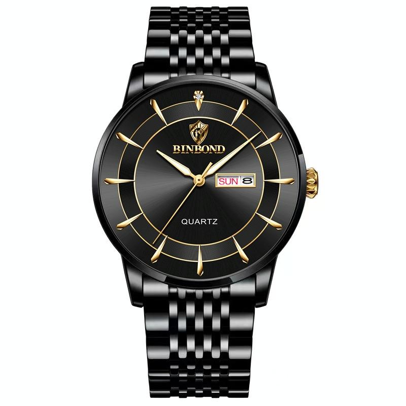 Waterproof Quartz Men Watch with Luminous Butterfly Buckle and Steel Belt - 30m - Full-Gold-Gold 9