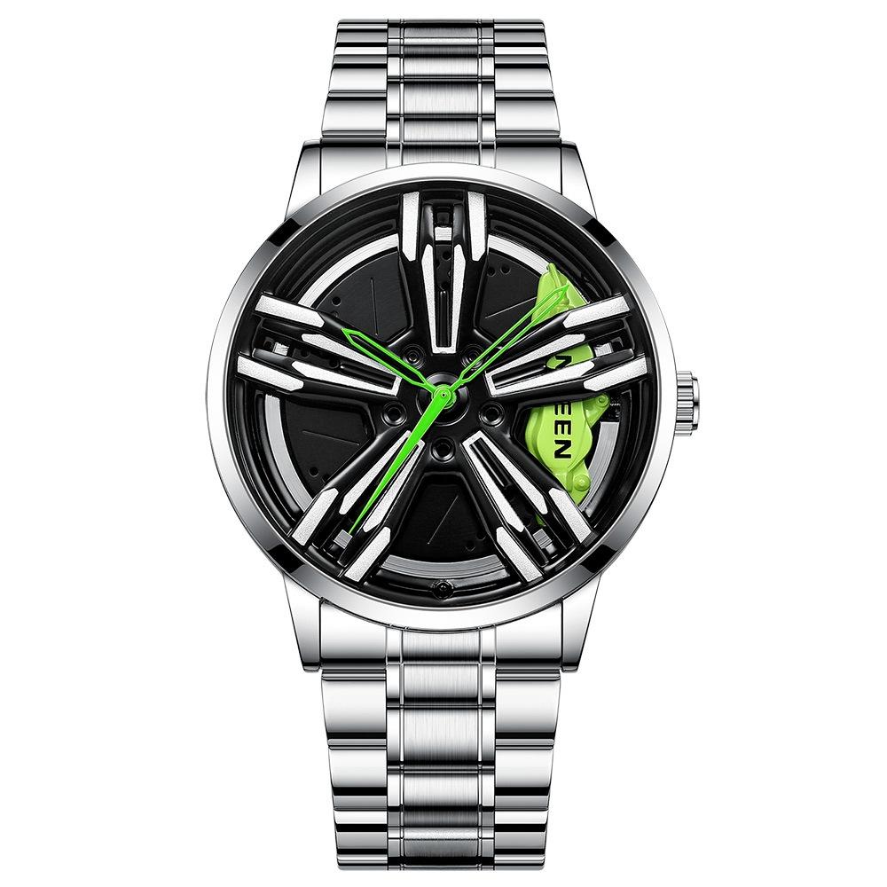 Men Metal Motorcycle Watch with Rotating Hub - Black Net Black Steel Green Surface 10