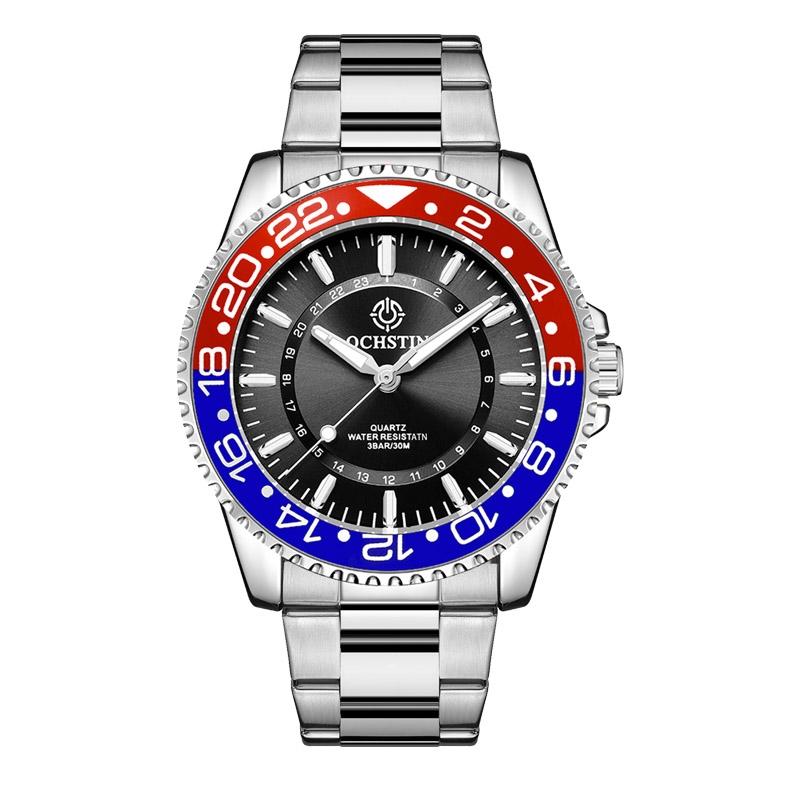 Waterproof Luminous Men Watch with Steel Strap - Multifunctional - Blue Red + Silver