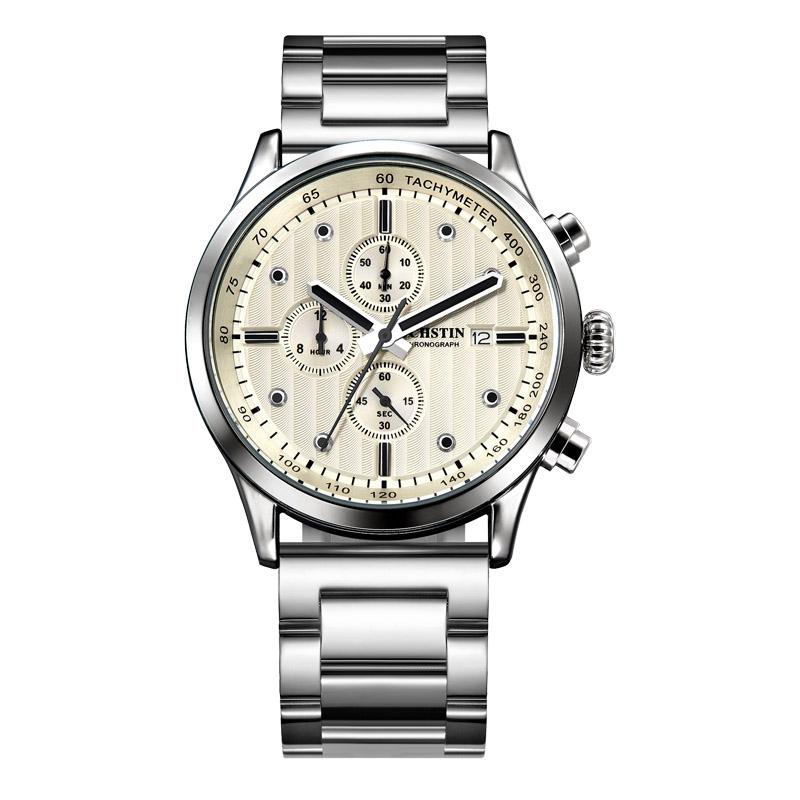 Stylish Multifunctional Men Quartz Watch with Steel Strap - Silver White