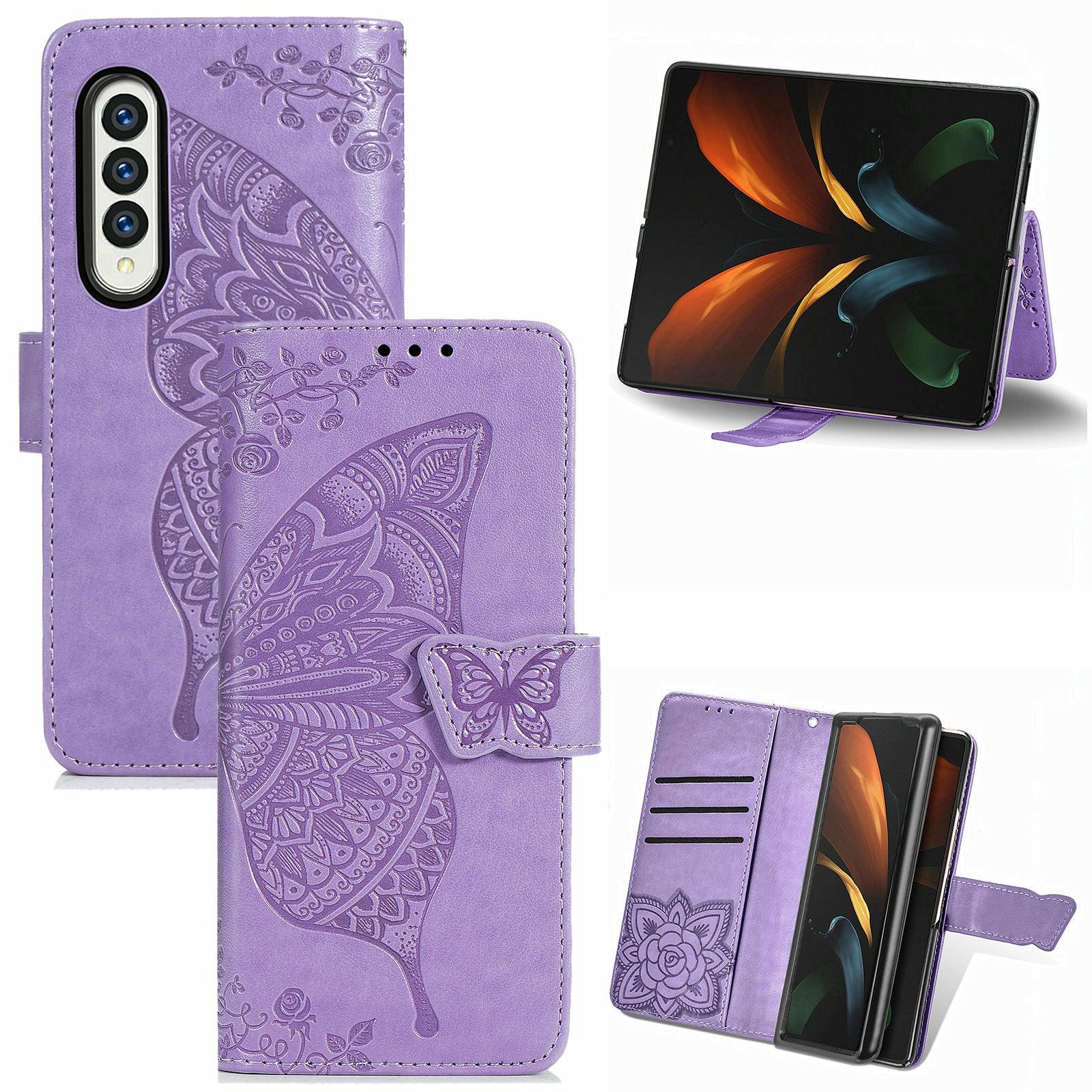 For Samsung Galaxy Z Fold4 5G Embossed Butterfly Love Leather Case - Flower Design - Light Purple