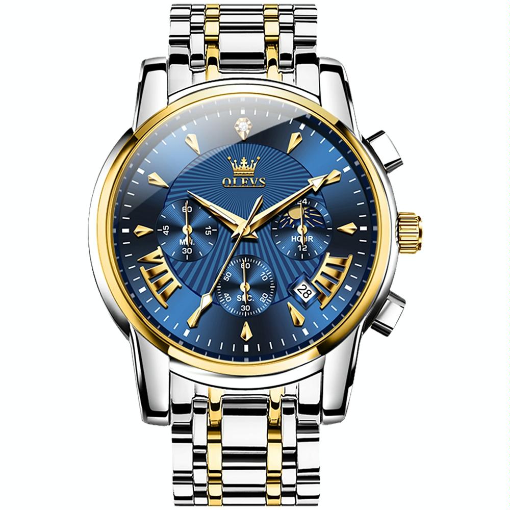 Waterproof Men Quartz Watch - Multifunctional Business Design - Blue + Gold