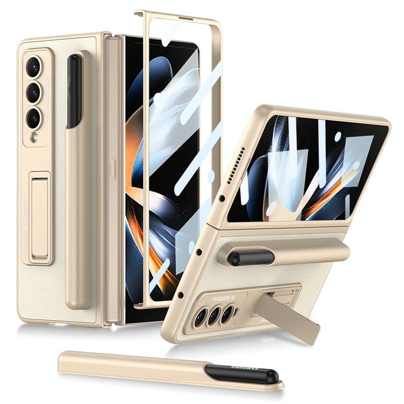 For Samsung Galaxy Z Fold4 5G Leather Case With Holder & Pen Slots - Thin & Shockproof - Gold