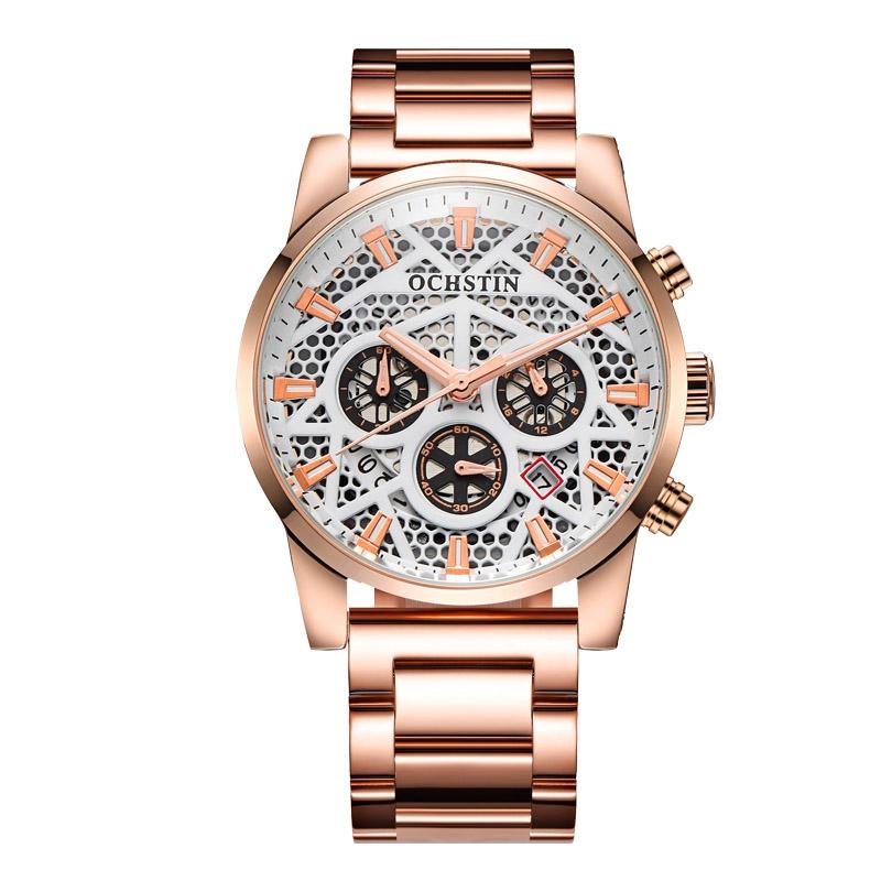 Waterproof Multifunctional Men Watch with Quartz Movement and Steel Strap - Rose Gold + White 8
