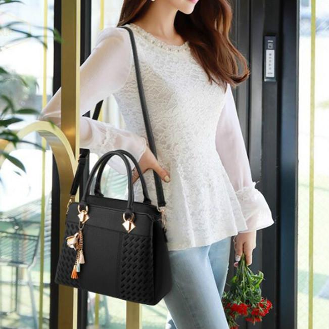 Simple Style Women Leather Crossbody Bag with Tassel Embroidery - Wine Red 5