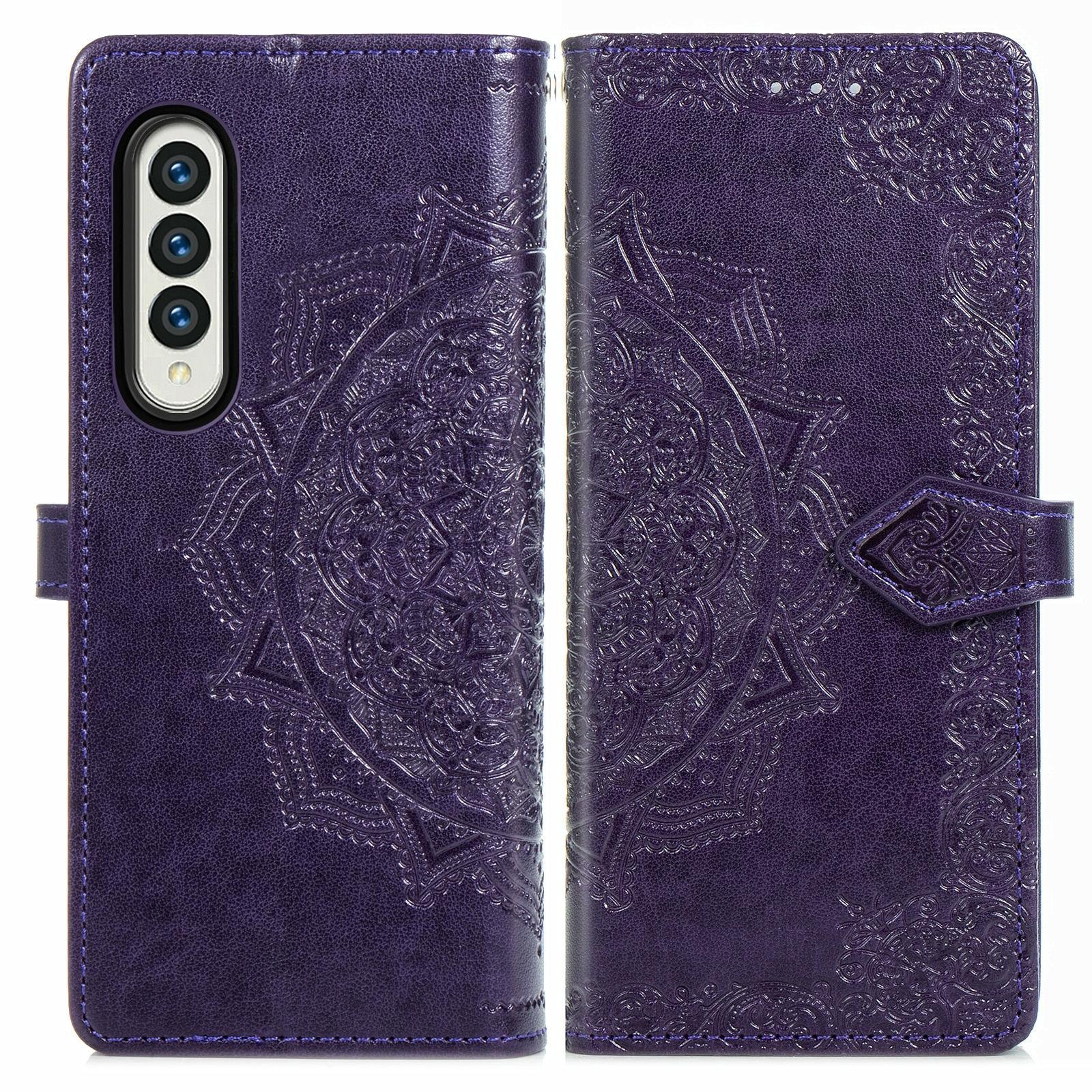 For Samsung Galaxy Z Fold4 5G Embossed Mandala Leather Phone Case - Purple 9