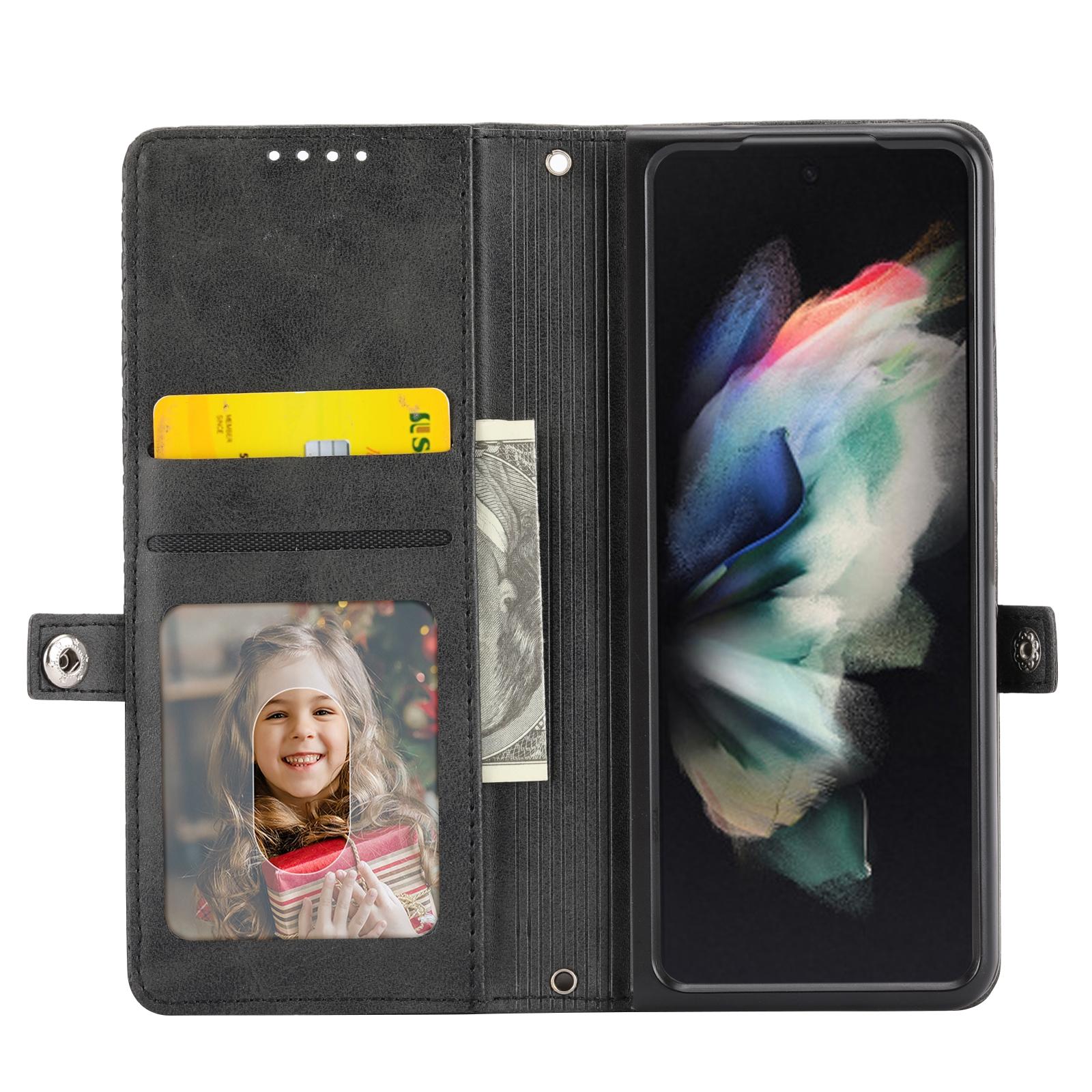 For Samsung Galaxy Z Fold4 5G Leather Grid Texture Phone Case With Lanyard - Yellow 4
