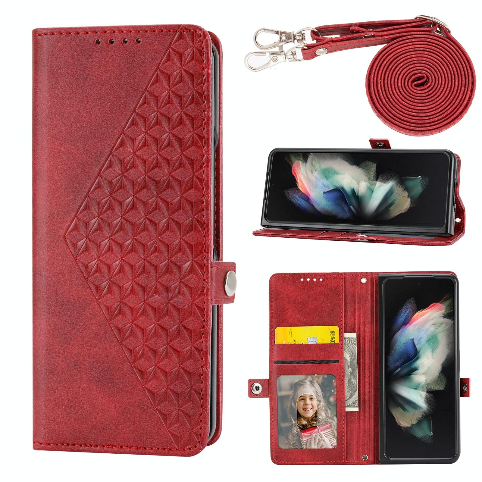 For Samsung Galaxy Z Fold4 5G Leather Grid Texture Phone Case With Lanyard - Yellow 9