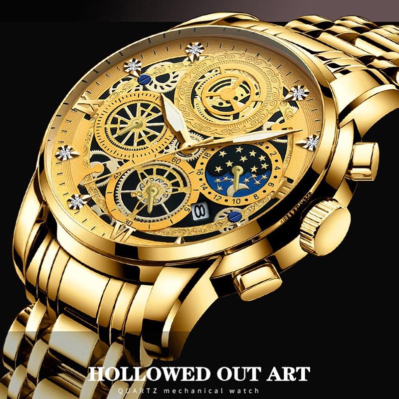 Waterproof Luminous Quartz Watch with Multifunctional Design - White Steel Black Surface 5