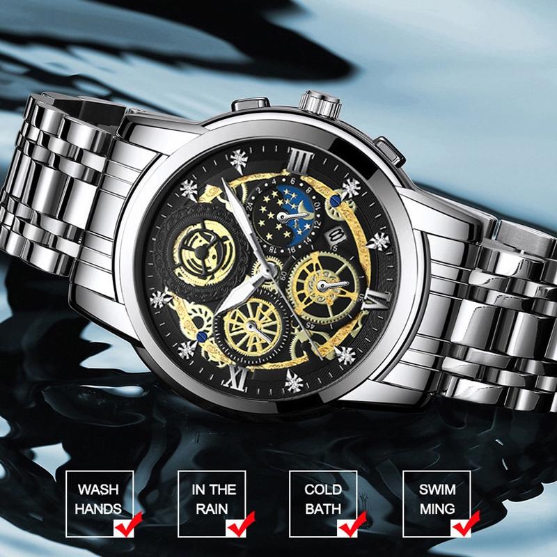 Waterproof Luminous Quartz Watch with Multifunctional Design - White Steel Black Surface 7