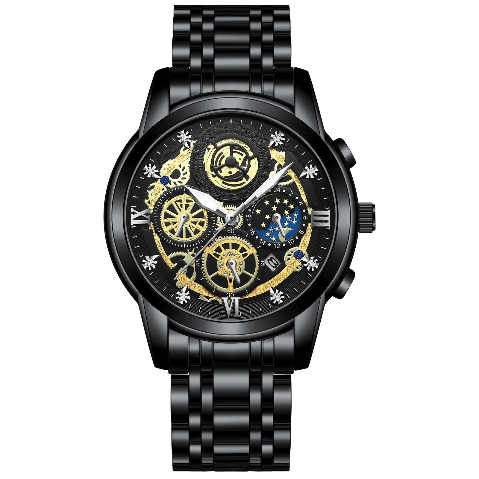 Waterproof Luminous Quartz Watch with Multifunctional Design - White Steel Black Surface 11
