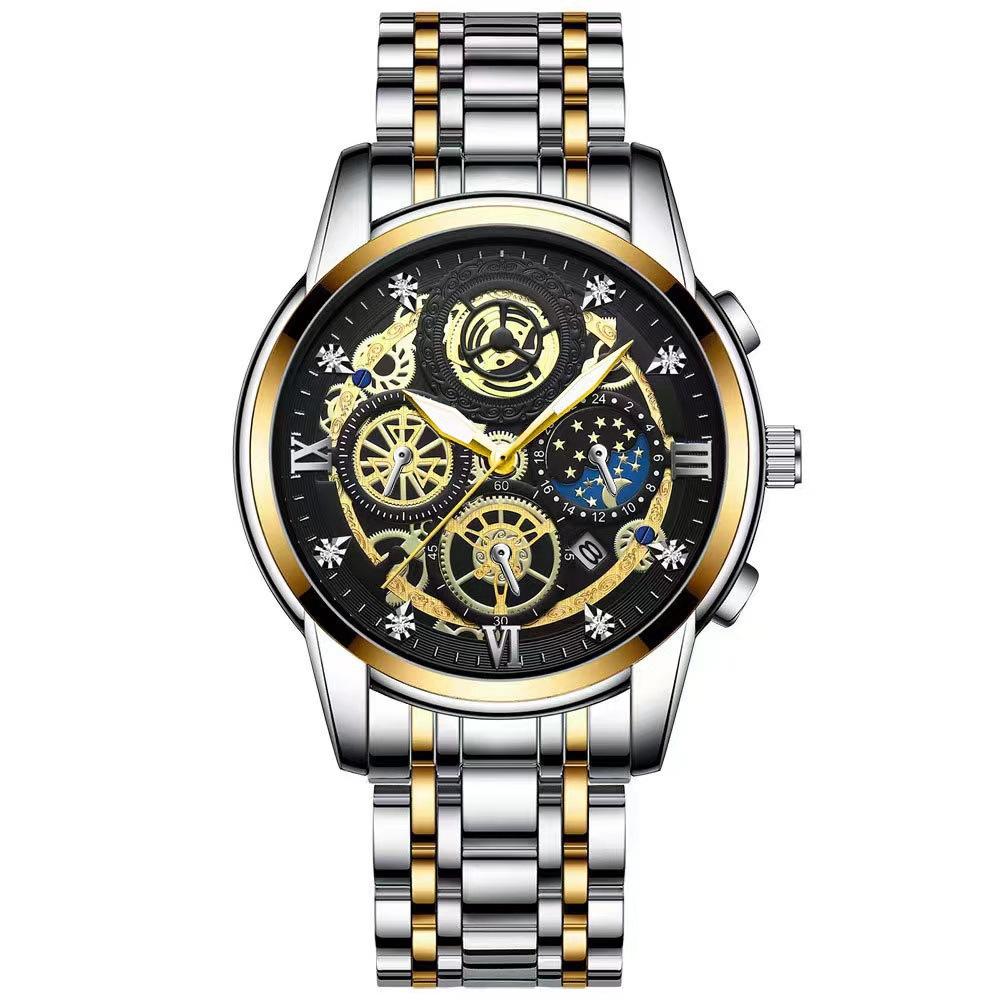 Waterproof Luminous Quartz Watch with Multifunctional Design - White Steel Black Surface 13
