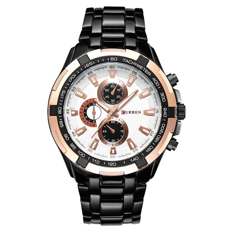 Stainless Steel Men Analog Sport Watch - 8023 - Black Case Gold Ring White Face