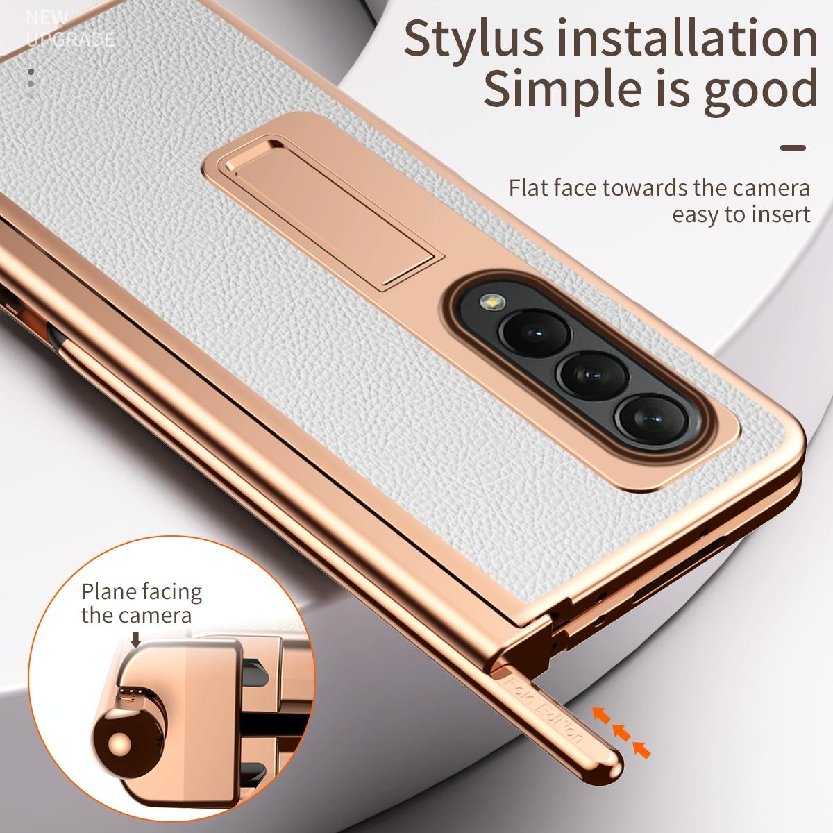 For Samsung Galaxy Z Fold4 5G Premium Litchi Leather Hinged Phone Case - With Pen - White 12