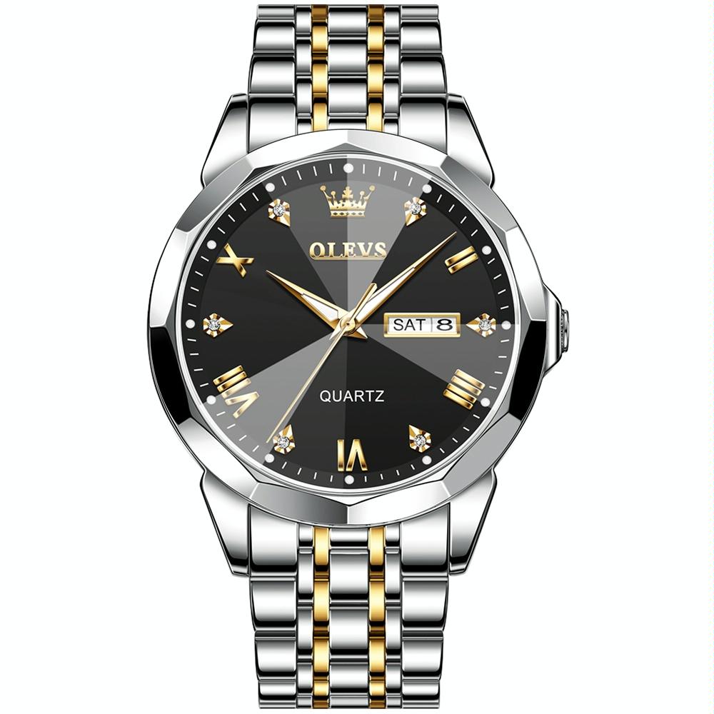 Waterproof Quartz Watch for Men with Luminous Dial - Black + Gold