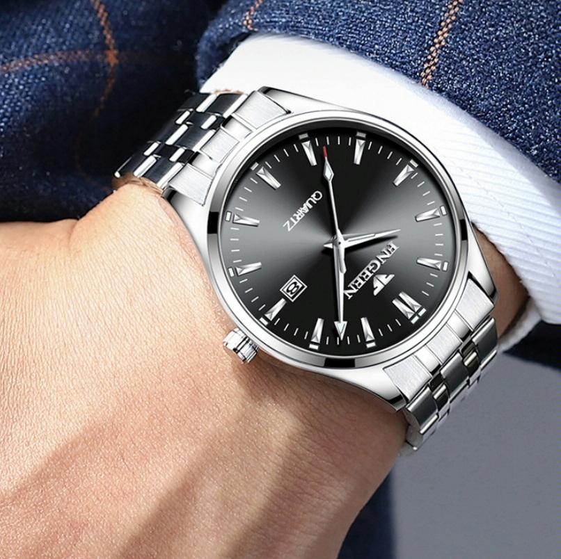 Simple Luminous Quartz Watch for Men with Calendar - Black Steel White Surface 4