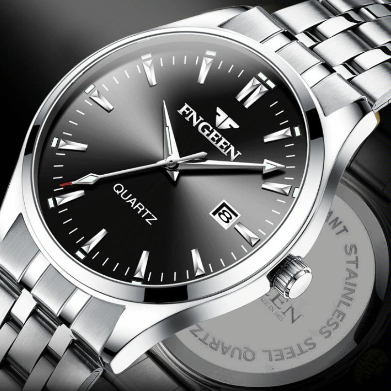Simple Luminous Quartz Watch for Men with Calendar - Black Steel White Surface 5