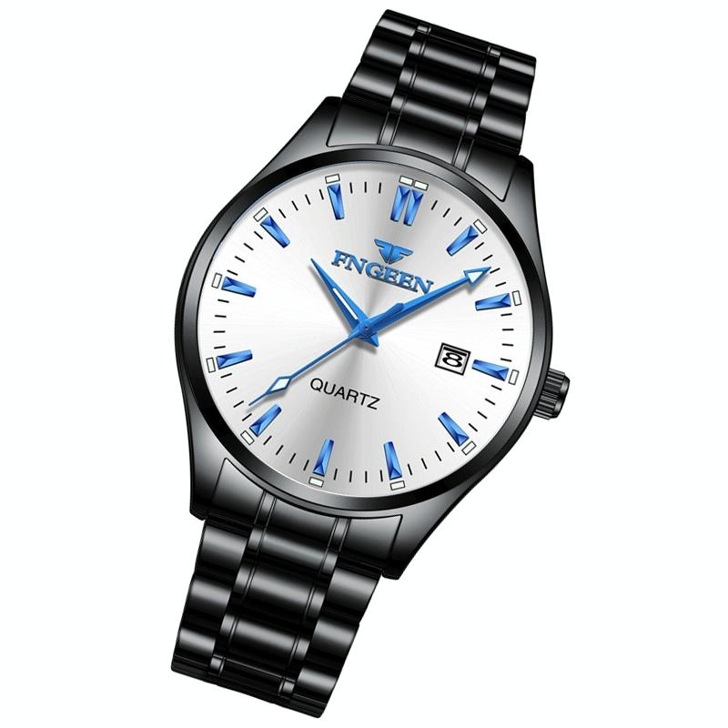 Simple Luminous Quartz Watch for Men with Calendar - Black Steel White Surface 10