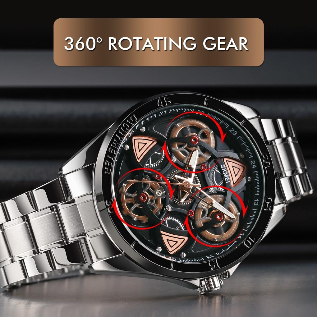 Waterproof Men Quartz Watch with Rotatable Gear Dial - Silver Shell Blue Surface 5