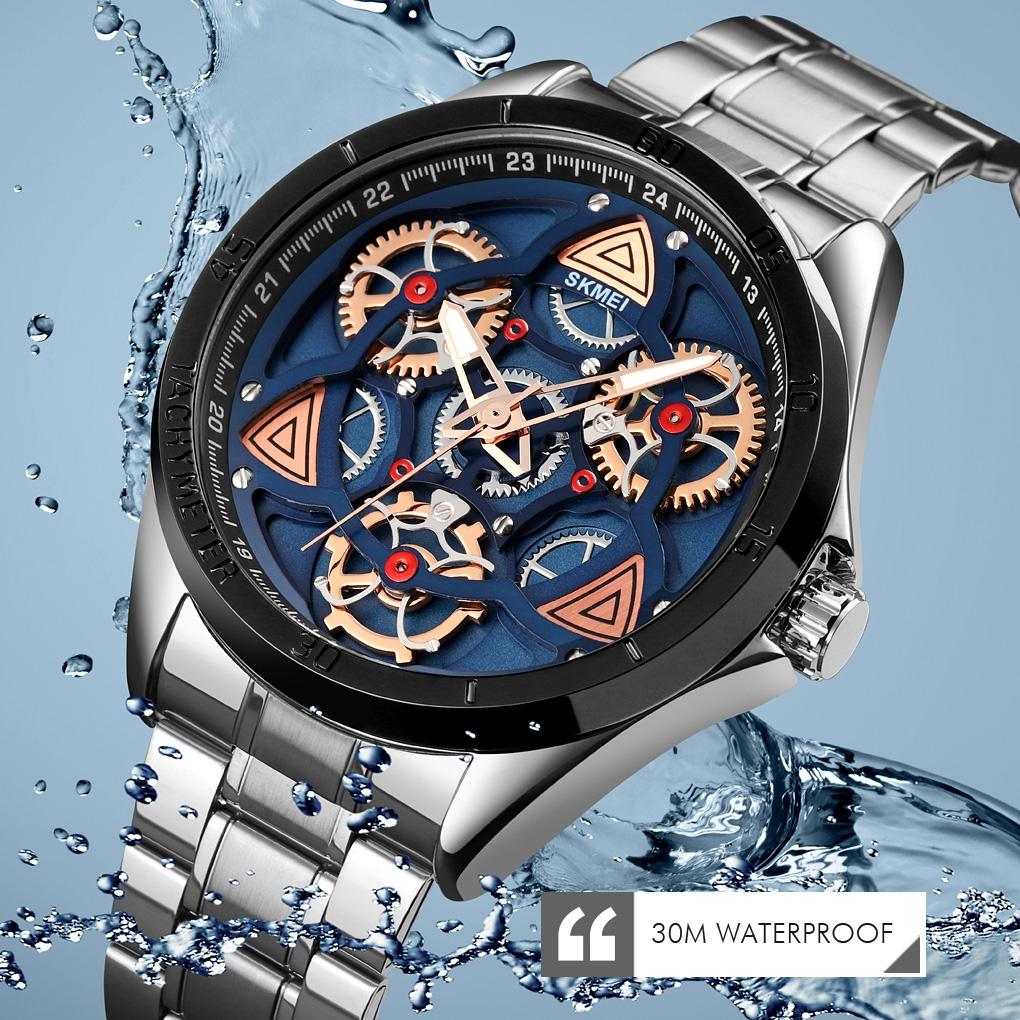 Waterproof Men Quartz Watch with Rotatable Gear Dial - Silver Shell Blue Surface 6