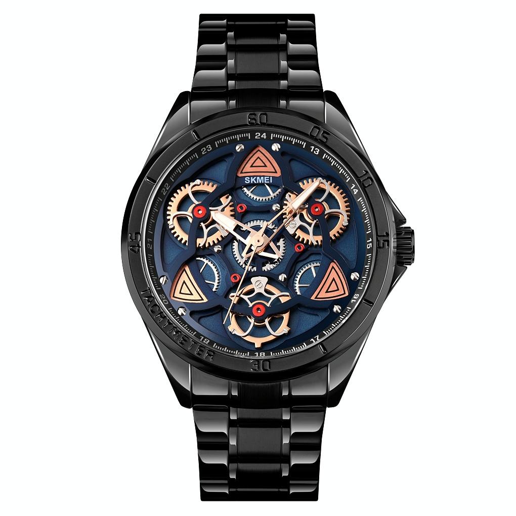 Waterproof Men Quartz Watch with Rotatable Gear Dial - Silver Shell Blue Surface 13