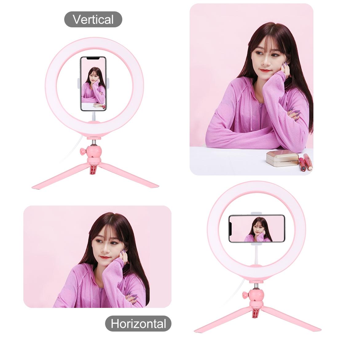 10.2 Selfie Beauty Light with Tripod Mount and Usb 3 Modes Dimmable Led Ring for Vlogging and Photography Cold Shoe Ball Head and Phone Clamp - Pink 9