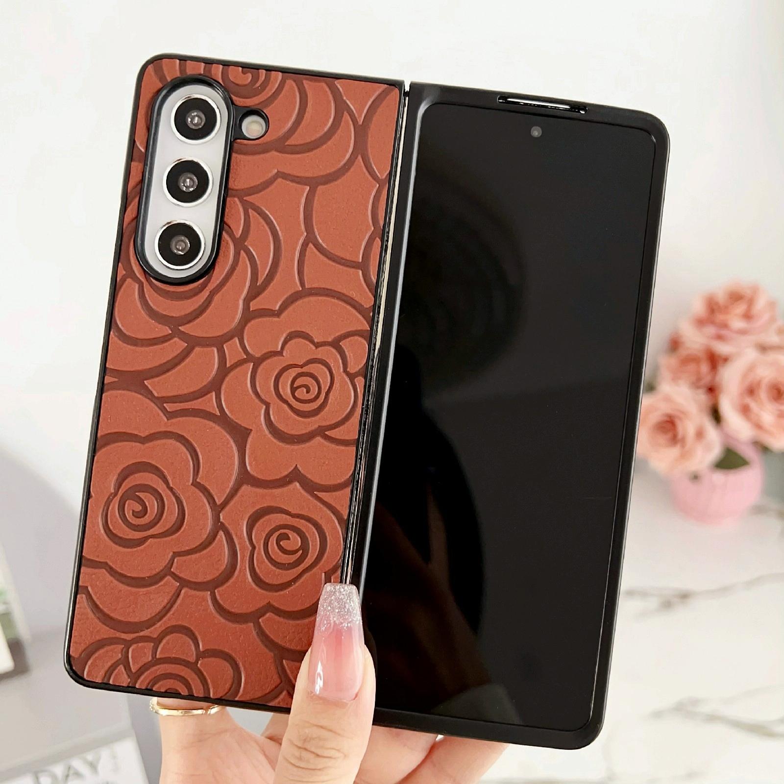 For Samsung Galaxy Z Fold4 5G Floral Print Protective Phone Case - Brown 15