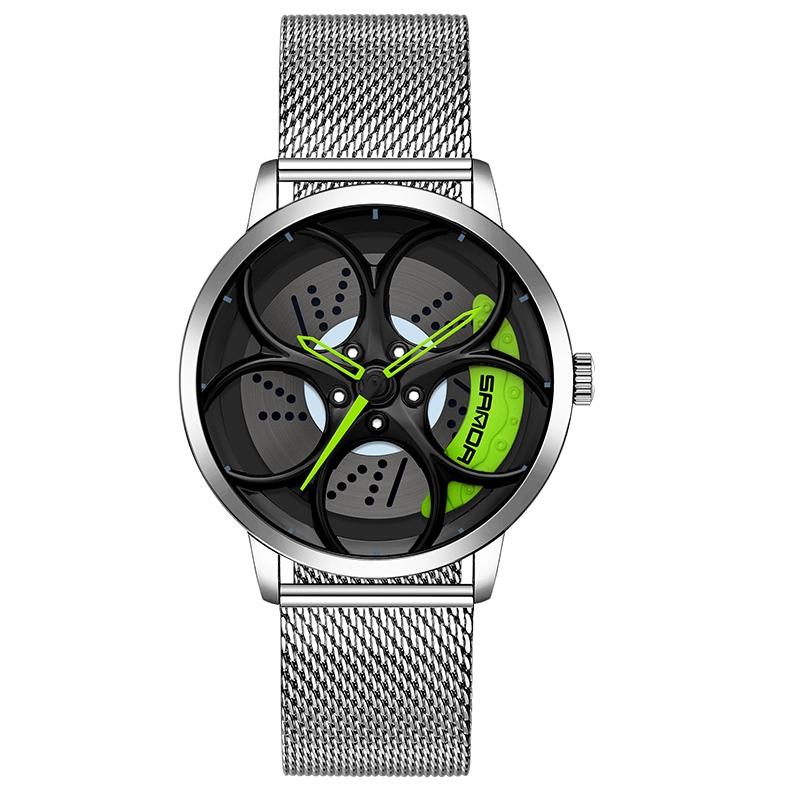 Men Mesh Belt Quartz Watch with 3d Oval Hollow out Wheel - Silver Green