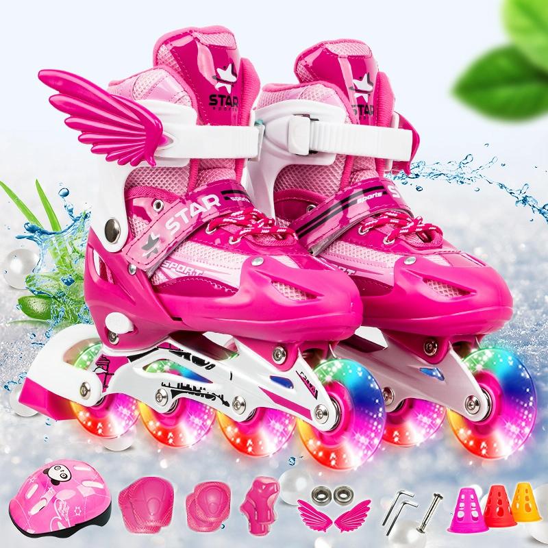Adjustable Kids Roller Skates Set - Flash Wheels Size m - Pink