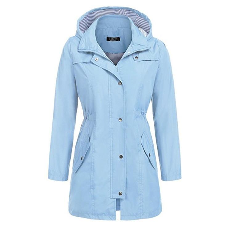 Casual Women Waterproof Waist Hooded Long Coat - Size XL - Water Blue 10