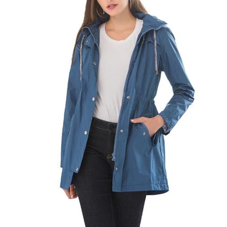 Casual Women Waterproof Waist Hooded Long Coat - Water Blue - Xxl 9