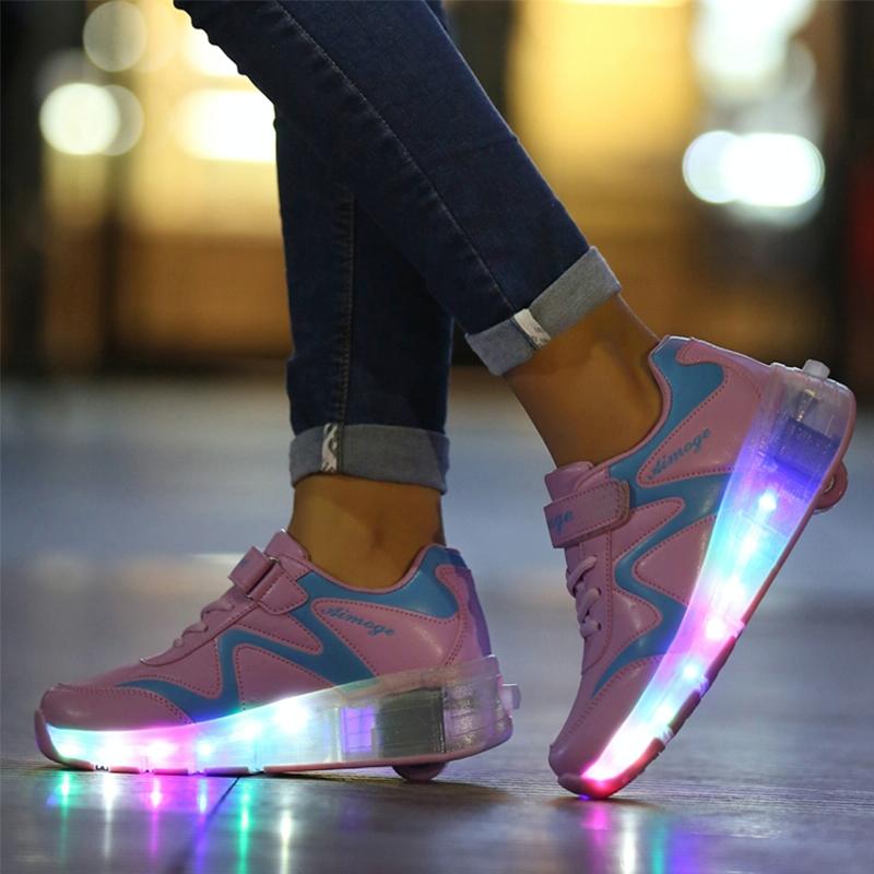 29 Rechargeable Led Roller Skates - Pink Ultra Light Double Wheel 9