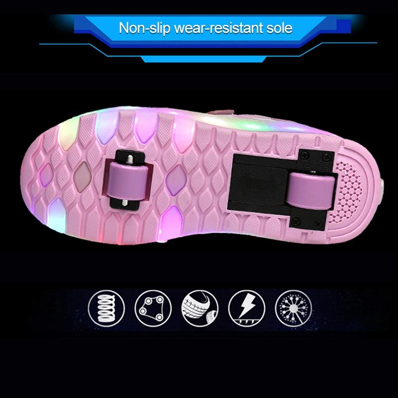 Rechargeable Double Wheel Roller Skating Shoes - Ultra Light Mesh Surface - Size 34 - Pink 9