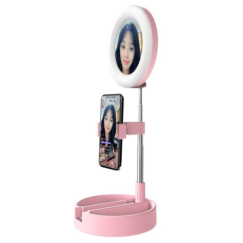 Foldable Desktop Makeup Mirror Holder with Storage - Pink 7