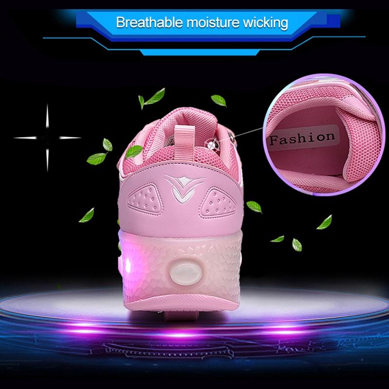 Rechargeable Double Wheel Roller Skating Shoes - Ultra Light Mesh Surface - Size 36 - Pink 8