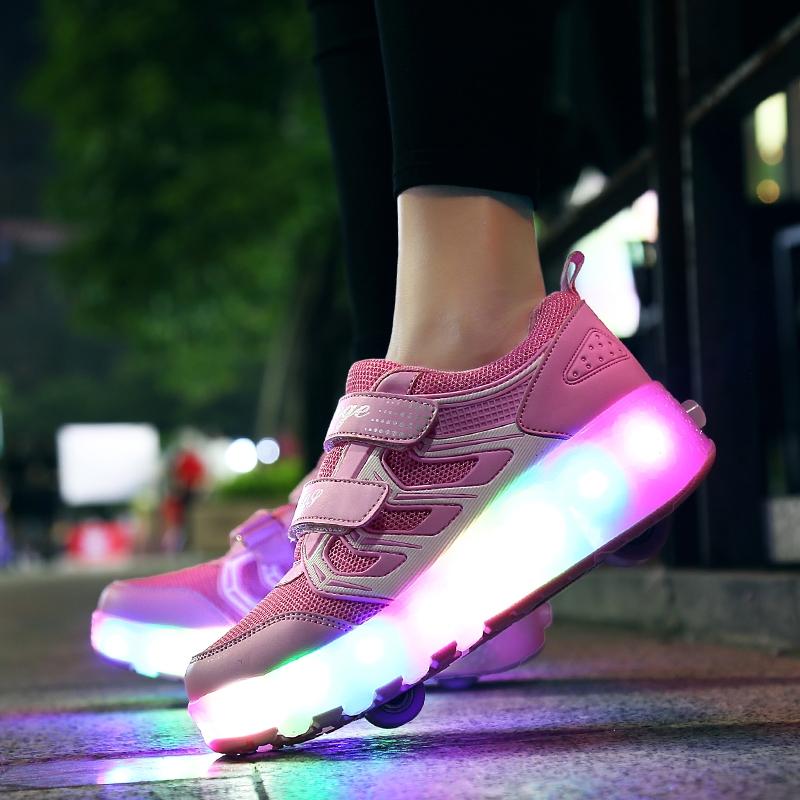 Rechargeable Double Wheel Roller Skating Shoes - Ultra Light Mesh Surface - Size 36 - Pink 10