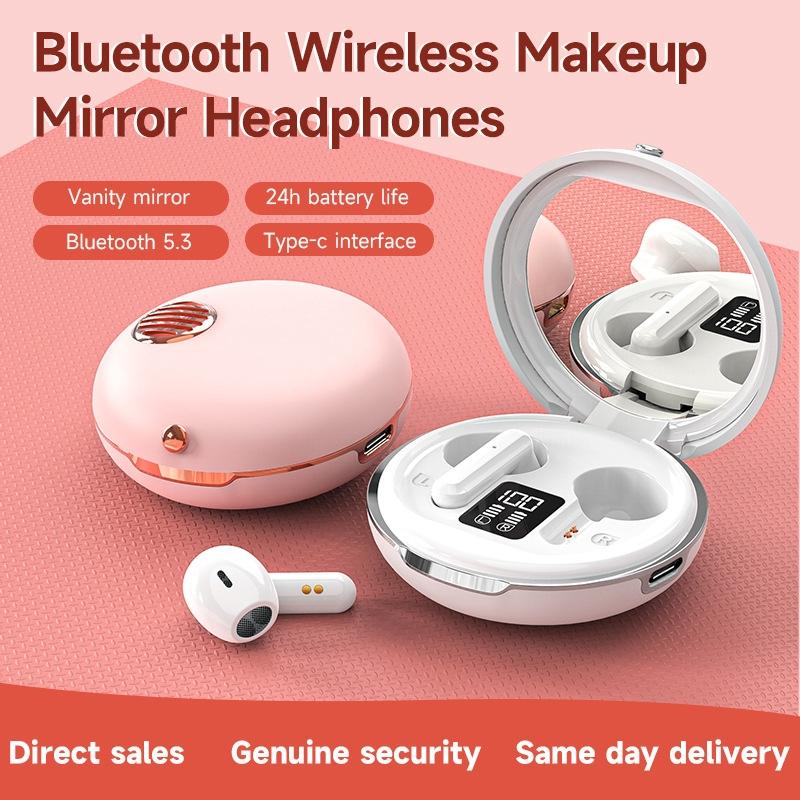 Wireless Hifi Stereo Earphones with Charging Case and Make-up Mirror - Pink 4