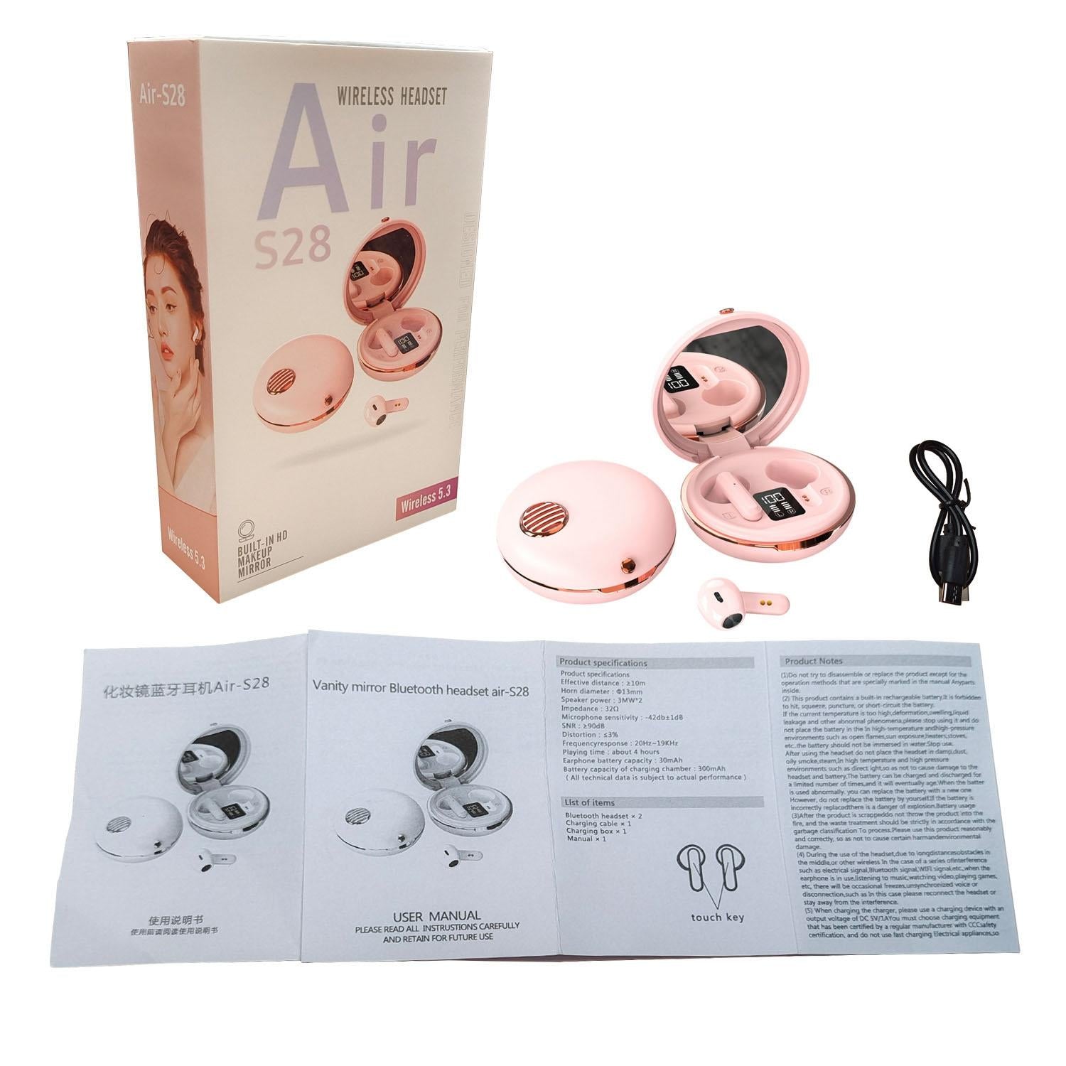 Wireless Hifi Stereo Earphones with Charging Case and Make-up Mirror - Pink 11